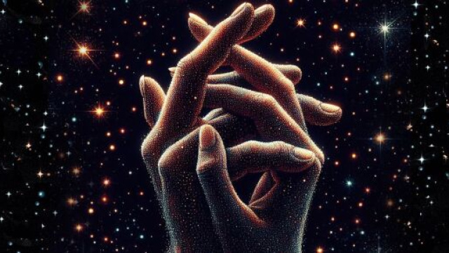 Mani intrecciate su sfondo cosmico &copy; Pixabay IA.
