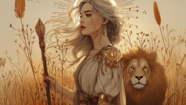 Leone e giovane donna. Immagine &copy; IA Midjourney.