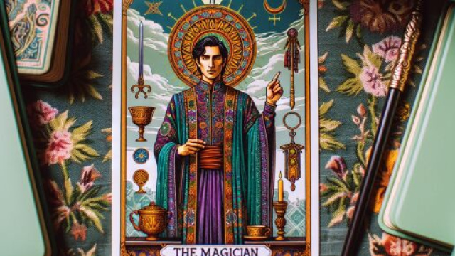 Una rappresentazione artistica del Mago dei tarocchi con simboli di trasformazione e potere associati al Capricorno. &copy; Immagine creata con Dall-E