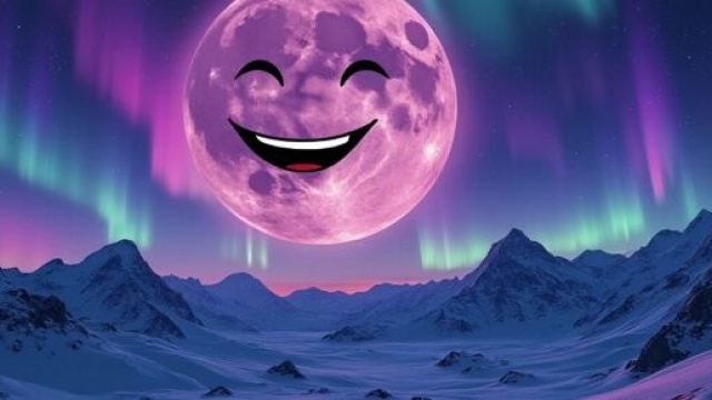 Monti innevati con aurora boreale e luna sorridente &copy; Grox AI X.
