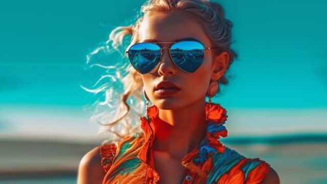 Donna bionda con occhiali a specchio blu e orecchini vistosi &copy; Pixabay IA.
