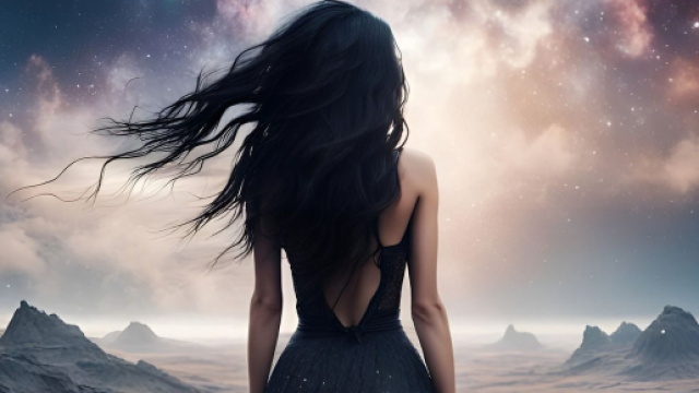 Donna di spalle con lunghi capelli scuri mossi dal vento, tra deserto e montagna &ndash; &copy; Pixabay IA.