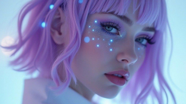 Volto di donna dagli occhi verdi e capelli rosa - &copy; Pixabay IA.