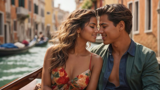 Sorrisi d'amore di una coppia in gondola a Venezia - &copy; Pixabay IA.