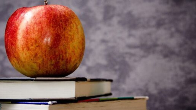 Una mela poggiata su alcuni libri &ndash; &copy; Pixabay.