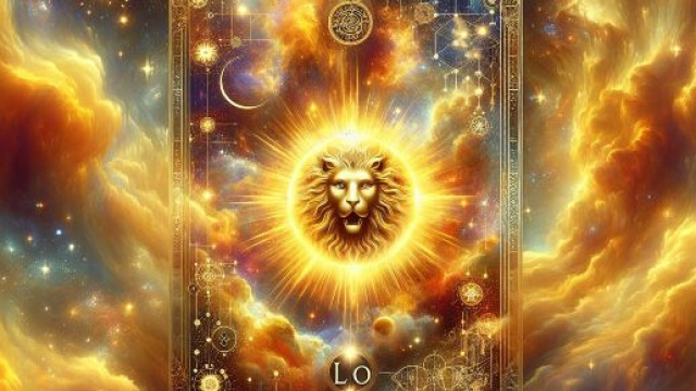 Rappresentazione della carta dei tarocchi del Sole con il segno zodiacale del Leone. &copy; Immagine creata con Dall-E