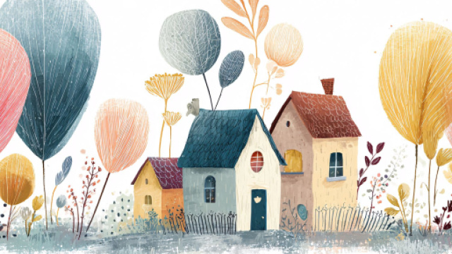 Paesaggio con alberi e case stilizzate &copy; Immagine di Pixabay