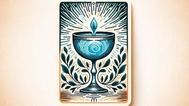 Rappresentazione dell'Asso di Coppe associata ai Gemelli, simboleggiando nuovi inizi e connessioni emotive. &copy; Immagine creata con Dall-E