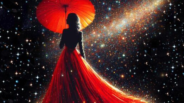Donna in rosso tra le stelle - &copy; Pixabay IA.