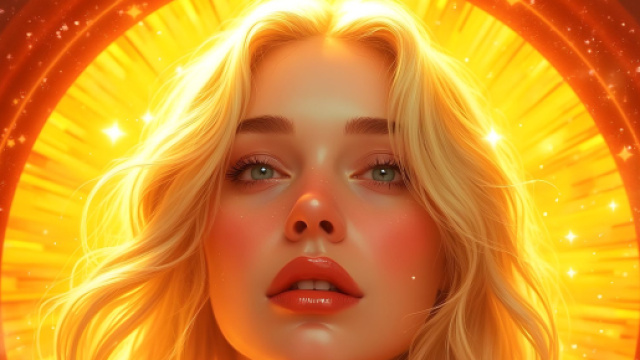 Figura femminile bionda dagli occhi chiari, avvolta da luce e stelle &ndash; &copy; Pixabay IA.