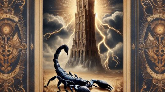 La carta dei tarocchi della Torre per il segno dello Scorpione: una rappresentazione di cambiamento e rinascita. &copy; Immagine creata con Dall-E