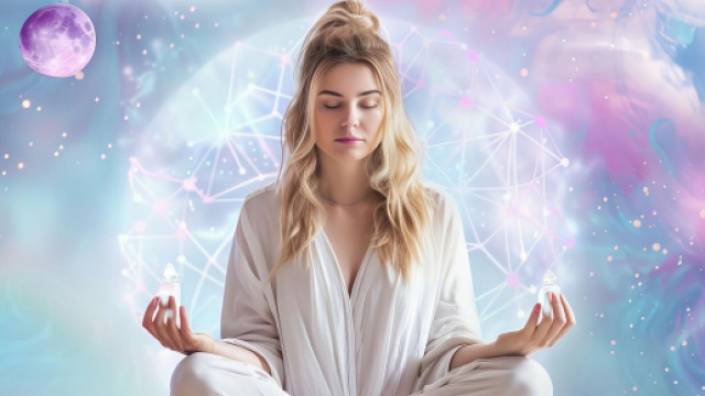 Donna bionda in meditazione in un ambiente etereo e spaziale &ndash; &copy; Pixabay IA.