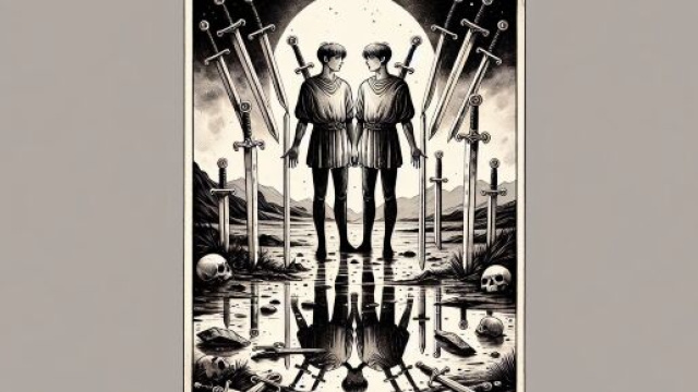 Cinque di Spade dei tarocchi con Gemelli &copy; Immagine creata con Dall-E