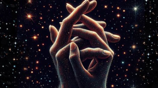 Mani intrecciate tra le stelle - &copy; Foto Pixabay IA.