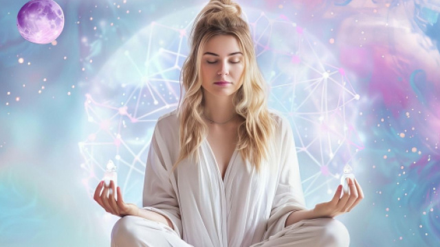Donna in meditazione in un ambiente etereo e celestiale &copy; Pixabay IA.