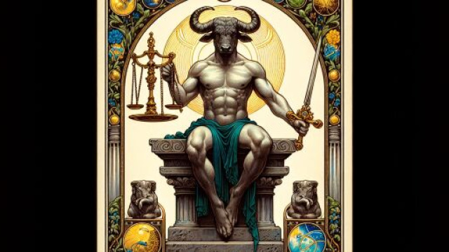 Immagine che rappresenta la Giustizia nei tarocchi e il segno del Toro. &copy; Immagine creata con Dall-E