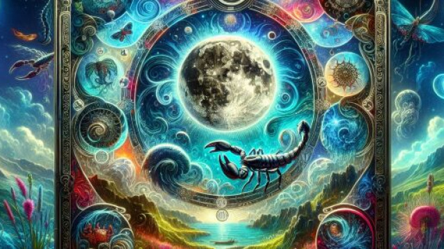 Immagine della carta dei tarocchi La Luna per il segno dello Scorpione, raffigurante un viaggio mistico &copy; Immagine creata con Dall-E