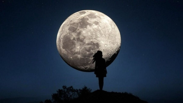 Silhouette di una persona che osserva la luna piena sotto un cielo stellato &ndash; &copy; Grok.