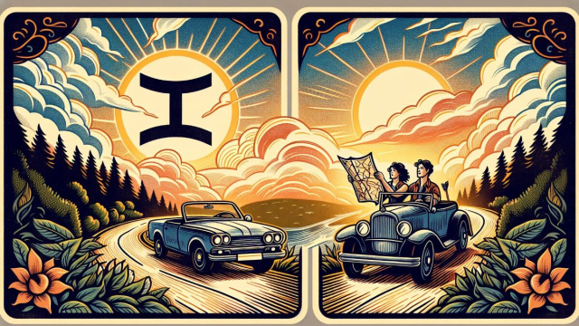 Illustrazione della carta del Carro, simbolo di viaggio e conquista per il segno dei Gemelli &copy; Immagine creata con Dall-E