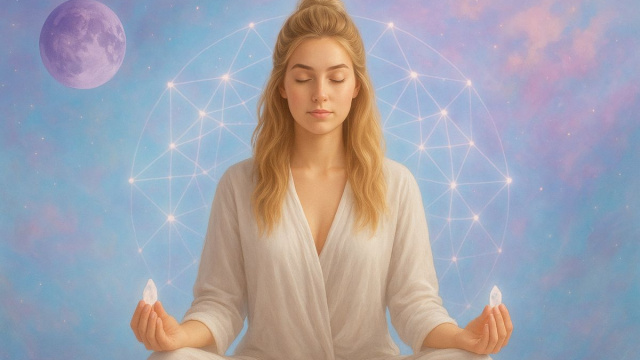 Donna in meditazione con cristalli tra le mani &copy; Pixabay IA.