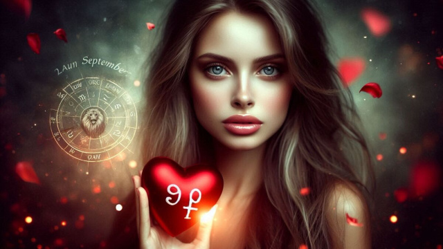 Donna con cuore rosso e simbolo della Vergine &copy; AI Copilot.