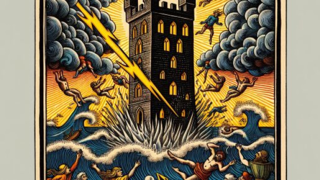 Immagine della carta dei tarocchi La Torre con simboli dell'Acquario &copy; Immagine creata con Dall-E