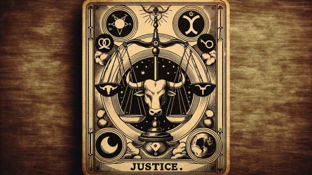 Immagine della carta della Giustizia nel contesto del segno del Toro &copy; Immagine creata con Dall-E