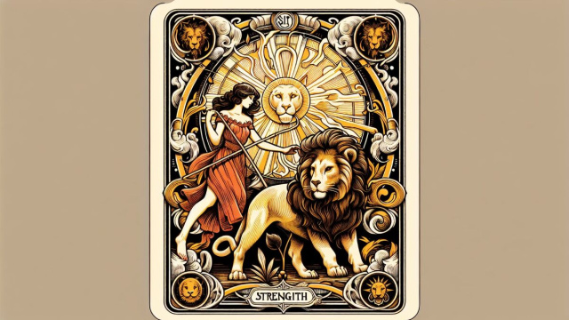 Un leone maestoso rappresentato nella carta della Forza, simbolo della potenza interiore del Leone &copy; Immagine creata con Dall-E