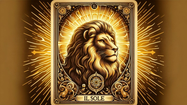 Immagine di una carta dei tarocchi che rappresenta Il Sole, con elementi iconografici del Leone &copy; Immagine creata con Dall-E