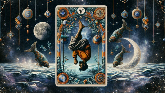 La carta dei tarocchi dell'Appeso in relazione al segno dei Pesci ad ottobre &copy; Immagine creata con Dall-E