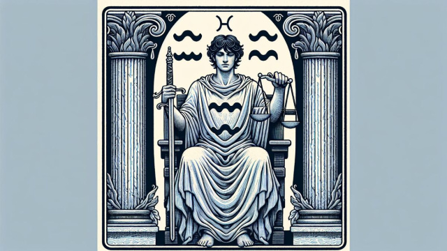 Tarocco della Giustizia unito al segno astrologico dell'Acquario &copy; Immagine creata con Dall-E