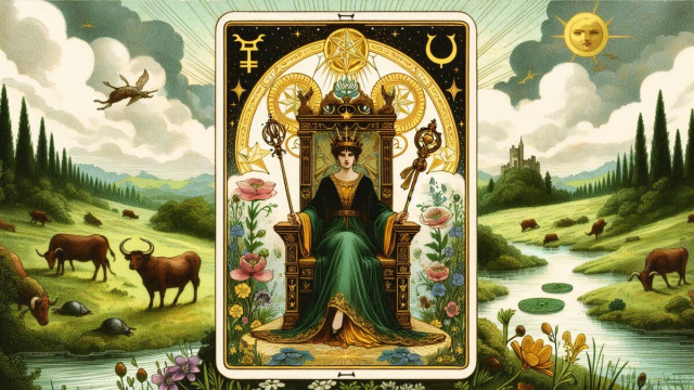 Carta dei tarocchi l'Imperatrice, rappresentata con il segno del Toro &copy; Immagine creata con Dall-E