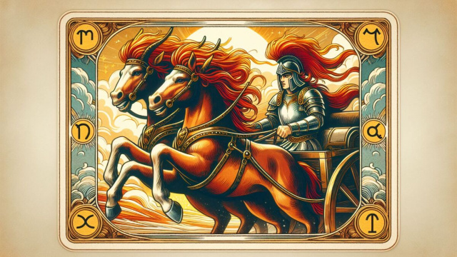 Descrizione dell'immagine con la carta del Carro e il segno dell'Ariete &copy; Immagine creata con Dall-E