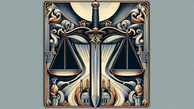 Bilancia con la carta della Giustizia, un simbolo di equilibrio e armonia &copy; Immagine creata con Dall-E