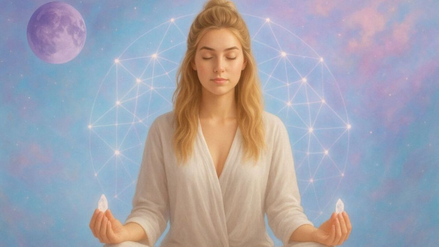 Donna bionda in meditazione con occhi chiusi ed espressione serena &ndash; &copy; Copilot IA.