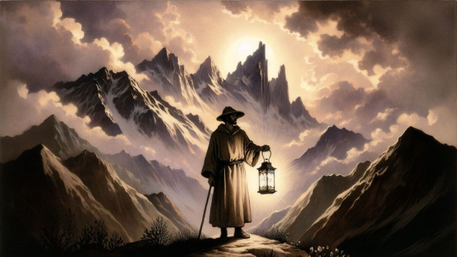 Illustrazione dell'Eremita in un'ambientazione di riflessione interiore per il segno del Capricorno &copy; Immagine creata con Dall-E