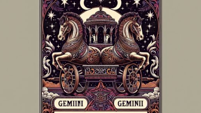 Immagine del Carro dei tarocchi rappresentato con simboli associati al segno dei Gemelli. &copy; Immagine creata con Dall-E