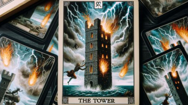 L'immagine mostra La Torre del mazzo dei tarocchi, simbolo di cambiamento e trasformazione potente per lo Scorpione. &copy; Immagine creata con Dall-E