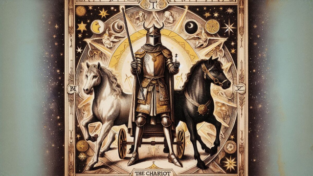 Ariete sotto l'influenza positiva dell'Arcano Maggiore del Carro, simbolo di determinazione e conquista. &copy; Immagine creata con Dall-E