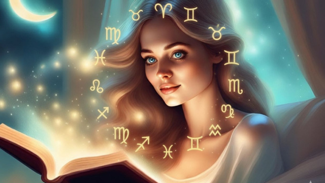 Donna con libro e cerchio zodiacale in primo piano - &copy; Copilot IA.