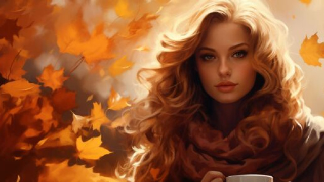 Donna bionda tra foglie autunnali &copy; Pixabay IA.