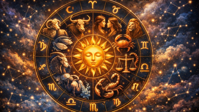 Immagine fantastica con sole e simboli zodiacali - &copy; Copilot IA.