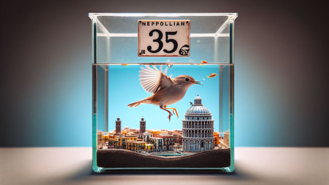 Numero 35 della Smorfia napoletana, l'uccellino per l'Acquario. &copy; Immagine creata con Dall-E