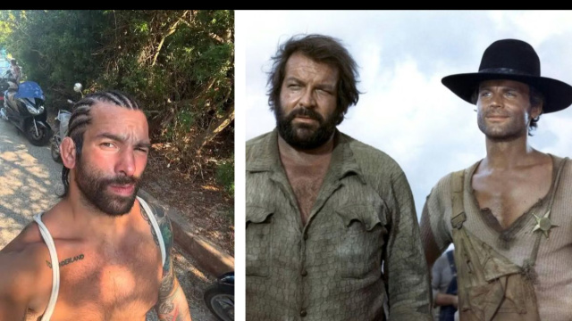 Carlo Pedersoli Jr (a Sx), Bud Spencer e Terence Hill in Lo chiamavano Trinit&agrave; (a dx).
