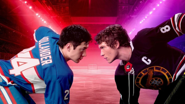 I protagonisti Hudson Williams e Connor Storrie nei ruoli di Shane Hollander e Ilya Rozanov in una scena della prima stagione di Heated Rivalry.