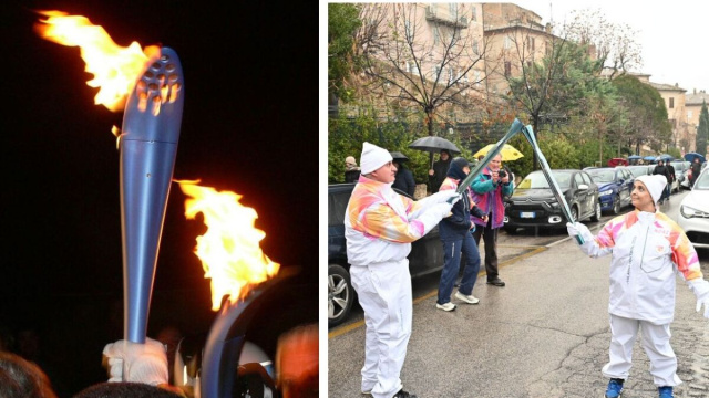 Da un lato la fiamma olimpica dall'altro Gabriele Sbattella (l'uomo gatto). (Combo Wikipedia/Instagram Uomo gatto).