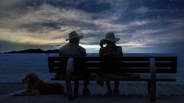 Coppia con un cane seduta sotto le stelle - pixabay.com