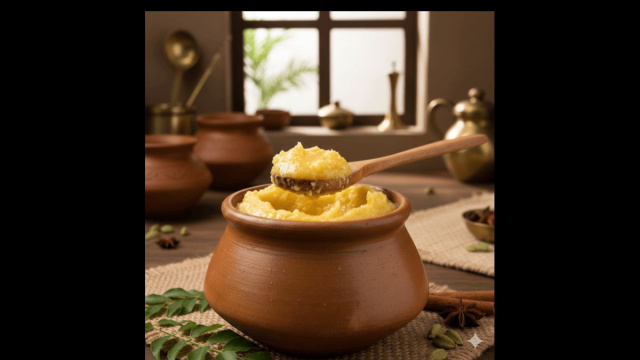 Immagine creata con IA. La foto mostra come risulta il Ghee al termine della preparazione.