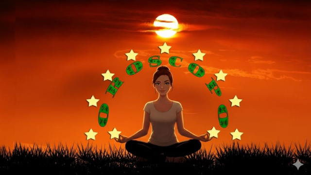 Donna in posizione yoga al tramonto con stelle ed elementi grafici - &copy; Gemini IA.