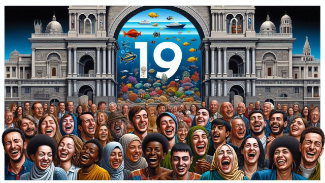 Numero 19 della Smorfia napoletana, la risata, interpretato per l&rsquo;Acquario. &copy; Immagine creata con Dall-E